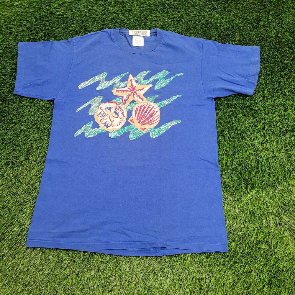 Vintage 90s Sea-Shells Shirt Women Large 21x29 Blue Nautical